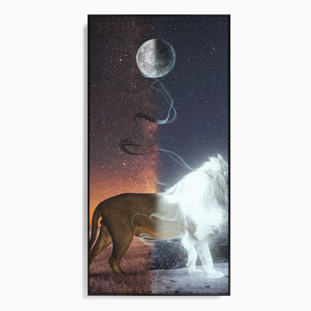 Tablou canvas cu tablou canvas cu leu si luna, in rama de aluminiu negru